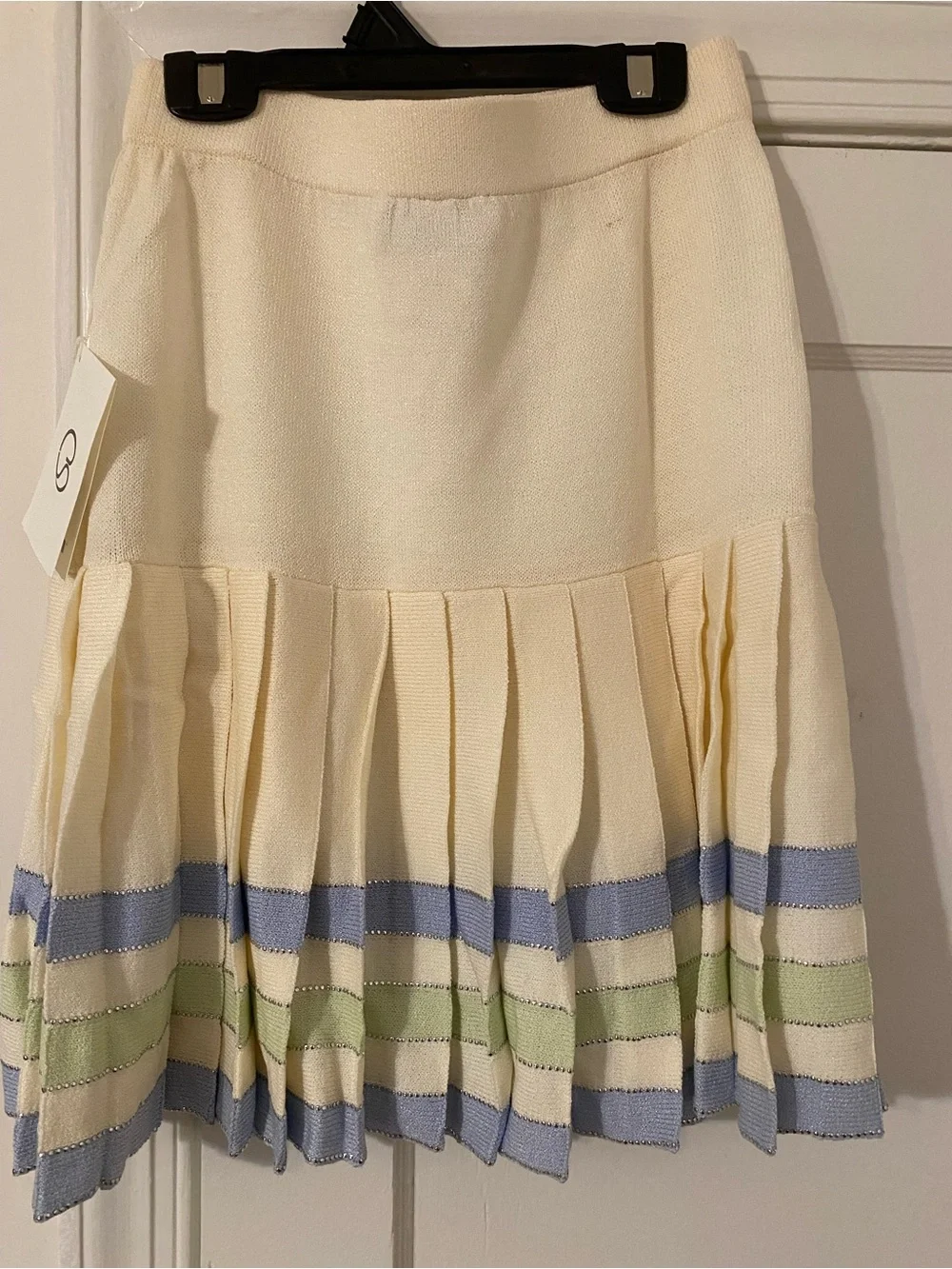 St. John Cream Knit Cardigan & Pleated Skirt with Blue and Mint Trim